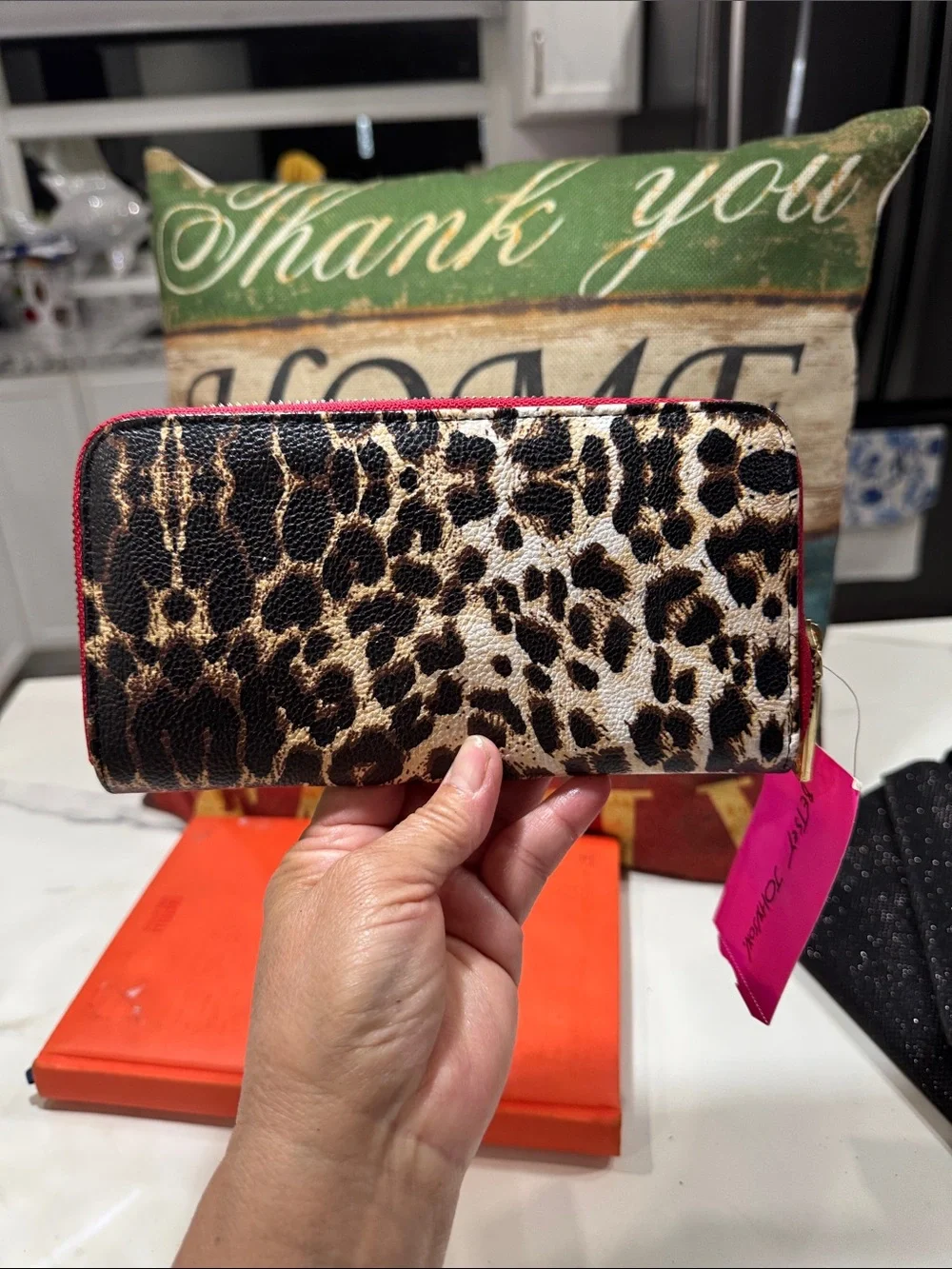 Betsey Johnson Leopard Print Zip Wallet with Pink Trim